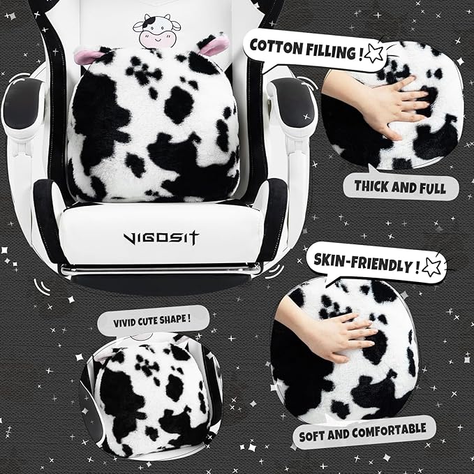 Black and White Cow Gaming Chair with Footrest Ergonomic Cute Gamer Chair for Girls Comfortable Computer Desk Chair for Adults Teens