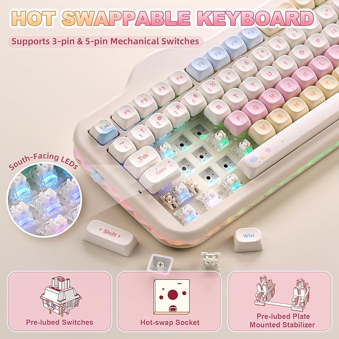 YUNZII C98 Wireless Mechanical Keyboard with Number Pad99 Key BT5.0/2.4G/USB-C Hot Swap Gasket Mount with PBT MOA KeycapsCustom RGBCute Cake Keyboard for Win/Mac (Beige Milk V2 Linear Switch)