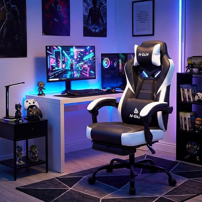 N-GEN GAMING Video Gaming Chair Big and Tall Office Computer Desk Chairs with Ergonomic Lumbar Support High Back Recliner and Footrest for Adults (White)