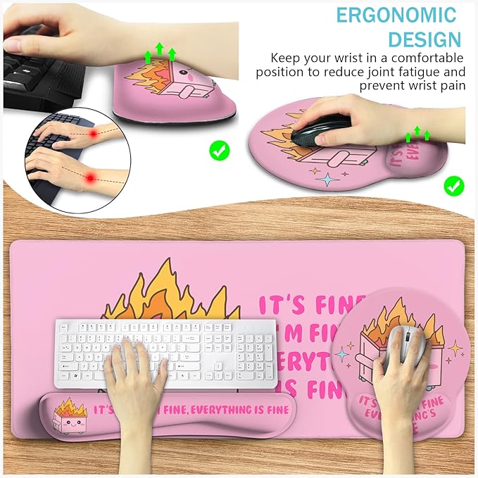 Blusabaca Dumpster on Fire Mouse Pad Desk Pad Funny Cute Desk Mat Large Gaming Mouse Pad with Wrist Rest Keyboard Pad Wrist Rest Ergonomic Cup Coaster Work Home Desk Accessories Office Supplies