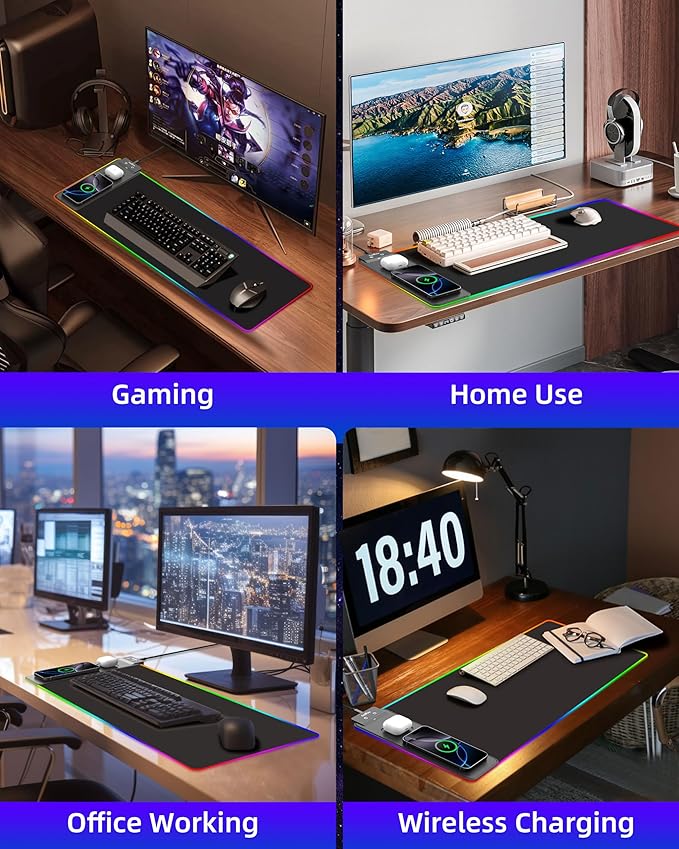 ExtreLife Wireless Charging Mouse Pad RGB Gaming Mousepad 31.5x11.8 Extra Large Desk Mat 13 Light Modes Ultra-Smooth Surface Non-Slip Base Waterproof Computer Keyboard Pad for Laptop Black