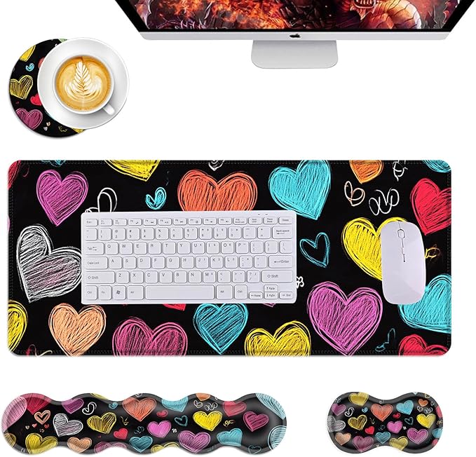 Mouse PadLarge Desk Mat Set 4in1 XL Mousepad + Keyboard Wrist Rest+Mouse Wrist Rest+Coaster with Ergonomic Desk Pad for Home Office Table Computer Cover -Colorful Chalk Drawn Hearts