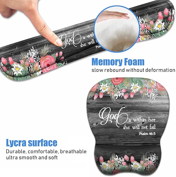 Ergonomic Mouse Pad Wrist Support and Keyboard Wrist Rest Set with Coasters Non-Slip PU Base Easy Typing &amp Pain Relief for Computer Laptop Home Office Floral Quote Bible Verse Psalm 46:5