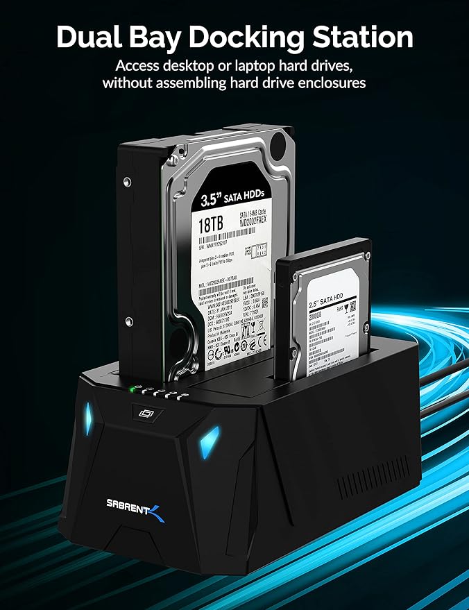 SABRENT USB Type C SATA 2.5” &amp 3.5” Dual Bay Hard Drive Docking Station | Offline Cloning | Up to 5Gbps | Tool Free Installation (EC-CH2B)