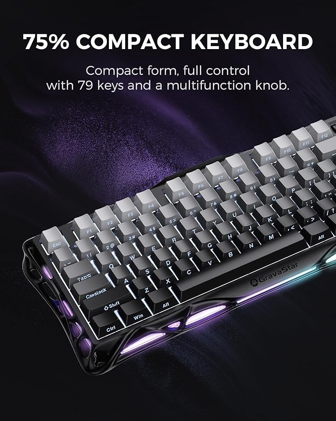 GravaStar Mercury K1 75% Wireless Mechanical Gaming Keyboard Aluminum Alloy Gasket Compact Custom Keyboard Hot-Swap Socket Linear Switches RGB Backlit - Gradient Black