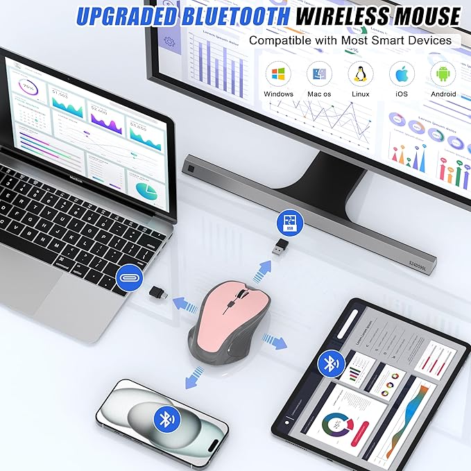 Bluetooth Wireless Mouse for Mac MacBook Air iPad Pro PC Ergonomic Rechargeable Computer Mouse with Jiggler Mode 3 DPI Levels &amp Forward/Back Buttons Laptop Mice for Office/Home/School Pink