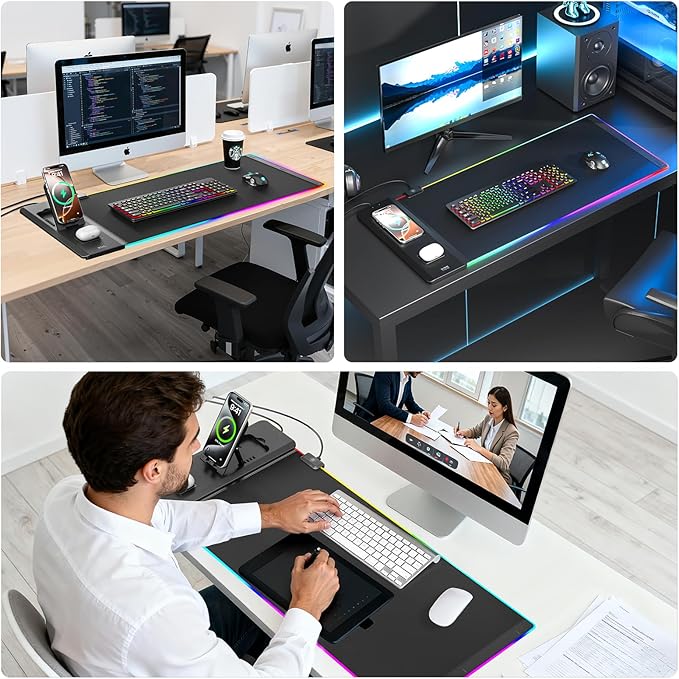 KDD Mouse Pad with Foldable Phone Holder - Wireless Charging Desk Mat 15W Fast - RGB Gaming Mousepad with Ultra-Smooth Surface Non-Slip Base - Keyboard Mat for Home Office Gamer Desk Accessories