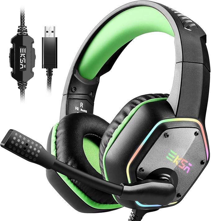 EKSA E1000 Gaming Headset Computer Headphones with Noise Canceling Mic &amp RGB Light Compatible with PC PS4 PS5 Laptop