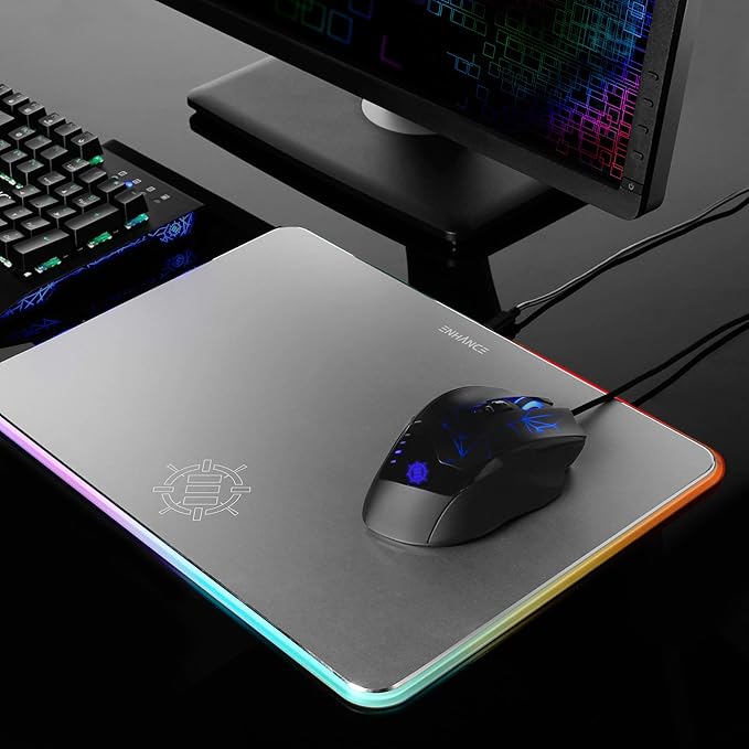 ENHANCE Metal LED Gaming Mouse Pad - Metal Mouse Pad with Large Aluminum Alloy Surface Multi-Color Transparent Edges Non-Slip Rubber Grip &amp Sleek Precision Tracking for Esports - Silver