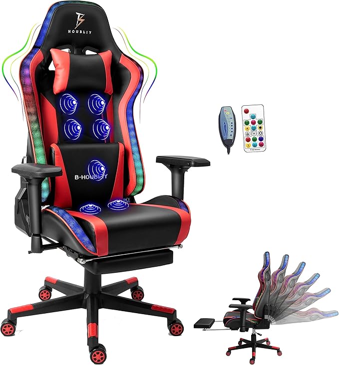 TBQATNTS RGB LED Light Ergonomic Gaming Chair - Built-in Speakers Full Body Massage High-Back Office Recliner with Footrest - Comfortable Computer Chair Ideal for Adults and Teens.Red