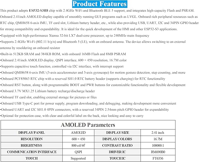 ESP32-S3 2.41inch AMOLED Capacitive Touch Display Development Board 600x450 Resolution 16.7M Colors 32-bit LX7 Dual-Core Processor Support Wi-Fi and Bluetooth 5 Rich Interfaces (with Case)