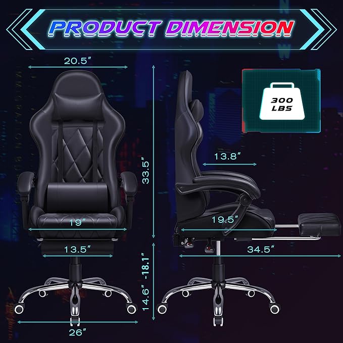 Shahoo Gaming Chair with Footrest and Massage Lumbar Support Computer Game Chairs Ergonomic Office Seat Height Adjustable with Headrest Black