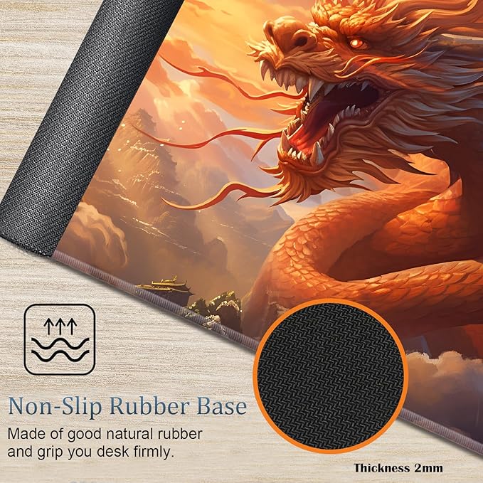 Large Gaming Mouse Pad + Wrist Rest + Lace Coaster Non-Slip Set with Sewn Edges and Waterproof Expandable Desktop Pad Suitable for Office/Home Golden Dragon