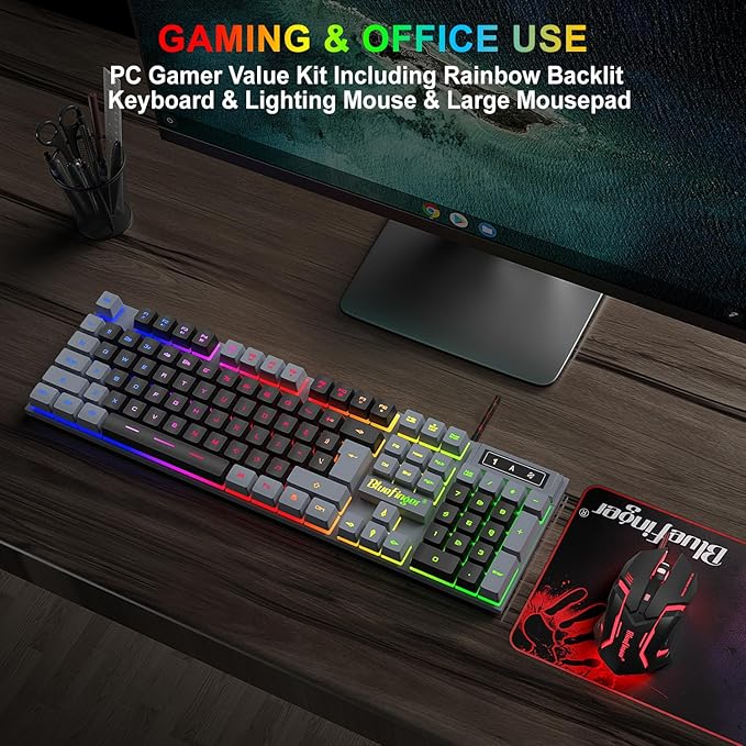 BlueFinger RGB Gaming Keyboard and Backlit Mouse Combo USB Wired LED Gaming Set for Laptop PC Computer Game and Work(Gray &amp Black)