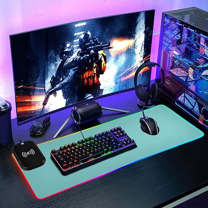 Light Blue Teal Mouse Pad Gaming Mousepad Non Slip Desk Mat Wireless Charging RGB Computer Mouse Pads Keyboard Pad Mats for Office Home Desktop 35.4 x 15.7 in