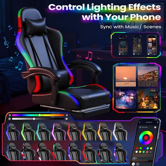 Homall Gaming Chair Video Game Chair with Footrest and Massage Lumbar Support Ergonomic Computer Chair Height Adjustable with Swivel Seat and Headrest (RGB Dark Black)