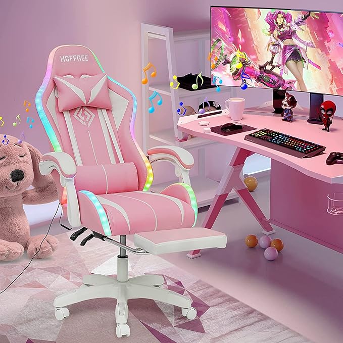 HOFFREE Pink Gaming Chair with Bluetooth Speakers and LED RGB Lights Cute Ergonomic Massage Computer Gaming Chair with Footrest High Back Video Game Chair with Lumbar Support Pink and White