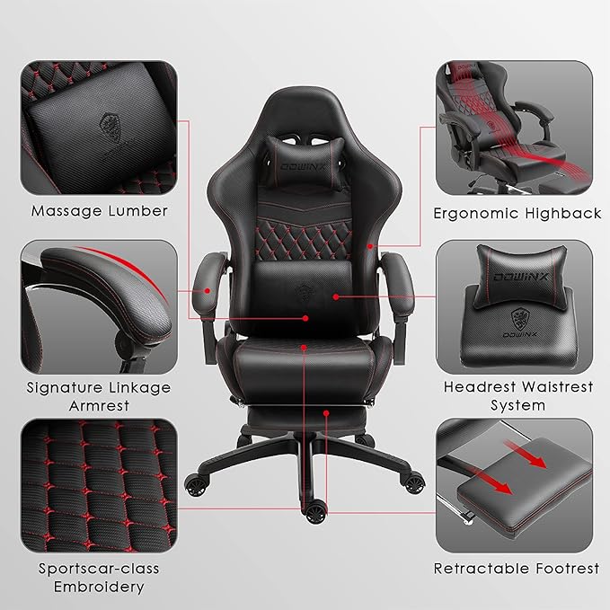 Dowinx Gaming Chair Big and Tall Ergonomic Game Chair for Adults with Footrest and Massage Lumbar Support High Back Computer Gamer Chair PU Leather 350Lbs for Office Home Black