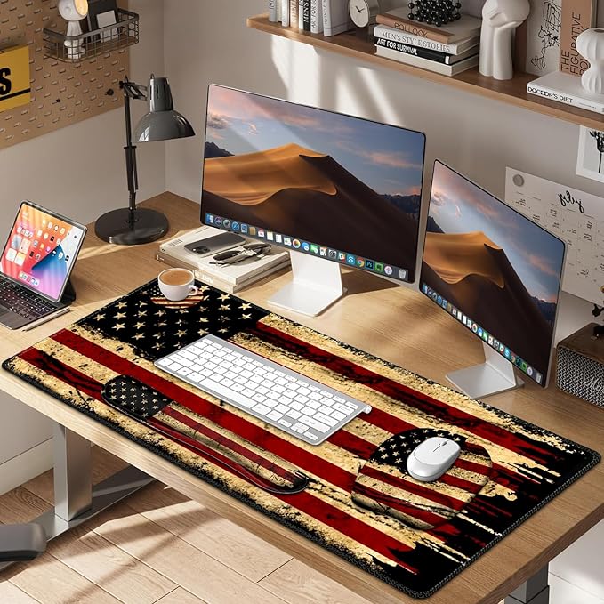 Large Mouse Pad with Wrist Support 4in1 Set XXL Game Mousepad + Keyboard Wrist Rest+Mouse Wrist Rest+Coaster with Ergonomic Design Gaming Mat for Home Office Table Computer I Retro USA Flag
