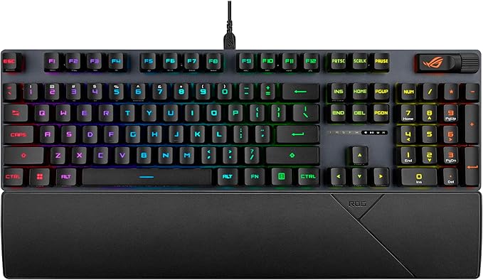 ASUS ROG Strix Scope II Gaming Keyboard pre-lubed ROG RX Red Linear Optical switches Sound-dampening Foam PBT doubleshot keycaps Streaming hotkeys Multi-Function Controls Wrist Rest