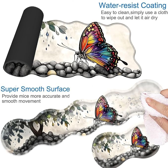 Desk Mat Mouse Pad with Wrist Rest 4-in-1 Large Mouse Pads for Desk Ergonomic Mouse Pad and Keyboard Wrist Rest Gaming Keyboard Mat for OfficeWatercolor Butterfly