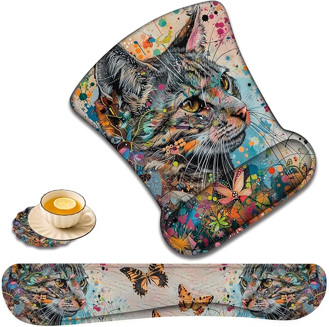 Keyboard Wrist Rest and Mouse Pad Wrist Support with Lace-Shaped Coaster Set Ergonomic Gel Memory Foam and Anti-Slip Base Easy Typing and Pain Relief - Kitty