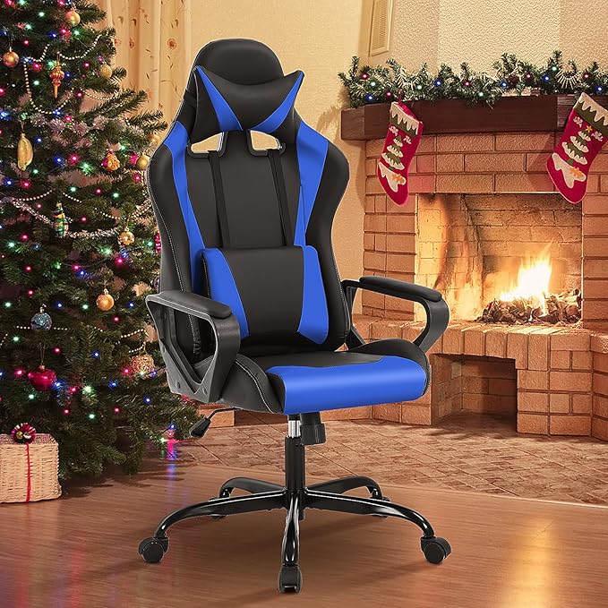 BLKMTY Gaming Chair Video Game Ergonomic Office Racing Computer PU Leather Chair - High Back Executive Task with Lumbar Support Headrest Swivel Chairs Blue