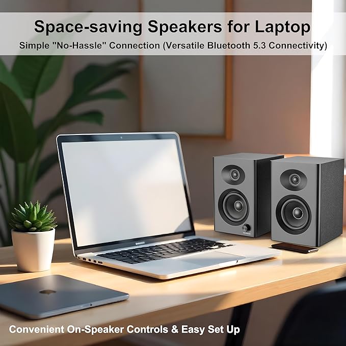Computer Speakers for Desktop PC - 60W Bluetooth Stereo Sound with Bass Active Powered Speakers for Home Audio Monitor Laptop Gaming &amp TV (Black Pair)