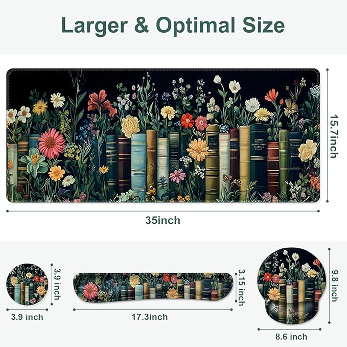 Wildflowers Mouse Pad Large Desk Mat Extended Nature Botanical Aesthetic Deskpad 4 PCS Non-Slip Rubber Base Computer Mouse Pads for Work Game Office Home Decor Gifts I Floral Plants Books