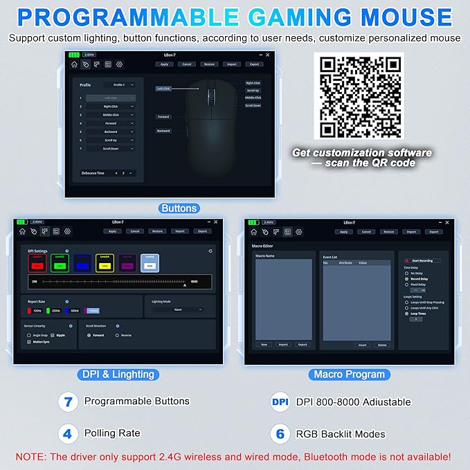 Bluetooth Wireless Gaming Mouse for MacBook Air PC iPad Pro Ergonomic Rechargeable Laptop Mice with Jiggler Mode 8000DPI RGB Computer Mouse Wired/Bluetooth 5.3/2.4G USB 3 Mode Connect - White