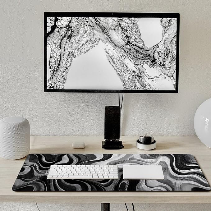 Abstract Art White Gray Gaming Mouse Pad Non-Slip Rubber Base 3XL Mousepad with Stitched EdgesWaterproof Washable Mouse Mat for Desk Home Office Gaming 35.5x16