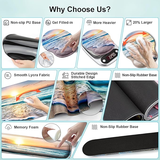 Mouse Pad + Desk Mat + Keyboard Wrist Rest + Coaster 4 in 1 Set Cute Ergonomic Large Gaming Mousepad with Wrist Rest Support Desk Pad for Computer Laptop Office Home Decor-Beach