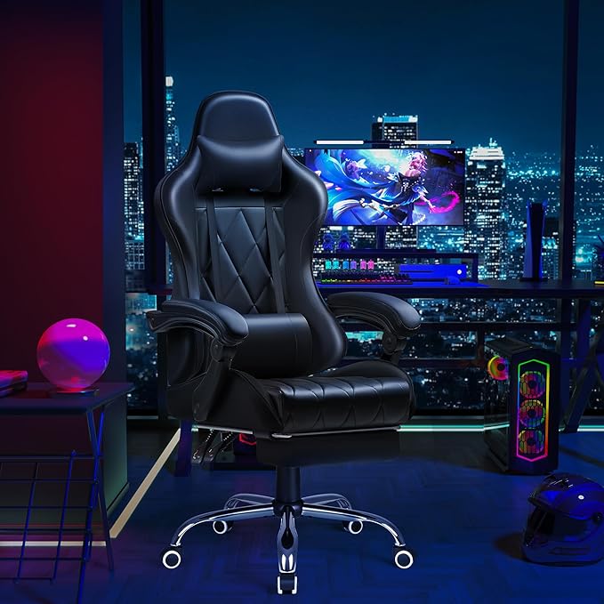 Shahoo Gaming Chair with Footrest and Massage Lumbar Support Computer Game Chairs Ergonomic Office Seat Height Adjustable with Headrest Black
