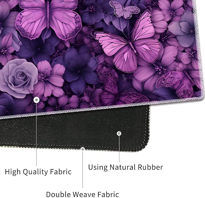 Mouse Pad Combo Large Gaming Mouse Pad + Keyboard Wrist Support + Mouse Wrist Rest + Coaster Table Pad 31.5 x 11.8 with Memory Foam Ergonomic Wrist Pad Set Butterflies Purple and Purple Flowers