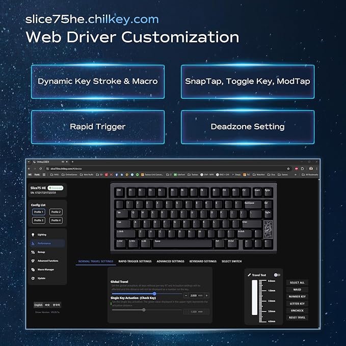 Mechanical Keyboard Chilkey Slice75 HE Gaming Keyboard Wired 75% Hall Effect Magnetic Aluminum Keyboard with WS Flux HE Clacky Switch Rapid Trigger 8K Polling Per-Key RGB Custom PC/Mac Support