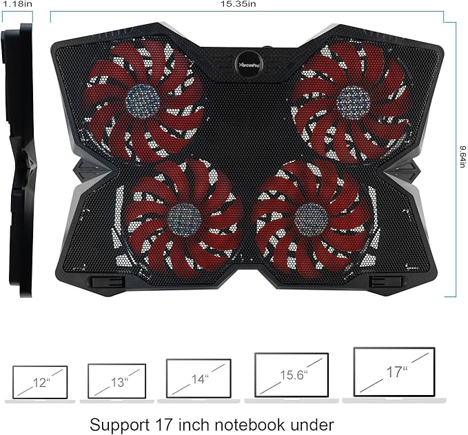 Portable Metal Mesh Laptop Cooler Cooling Pad 4 Quiet Fans w/Red LED Light Adjustable Height Up to 17 Inch Notebook 2 USB Interface w/Speed Control Switch Non-Slip - Black (11148)
