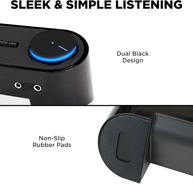 GOgroove Computer Speaker Mini Soundbar - USB Powered PC Sound Bar with Easy Setup Wired AUX Stereo Audio Microphone Port Volume Control Knob Under Monitor Design for Desktop (Blackout)