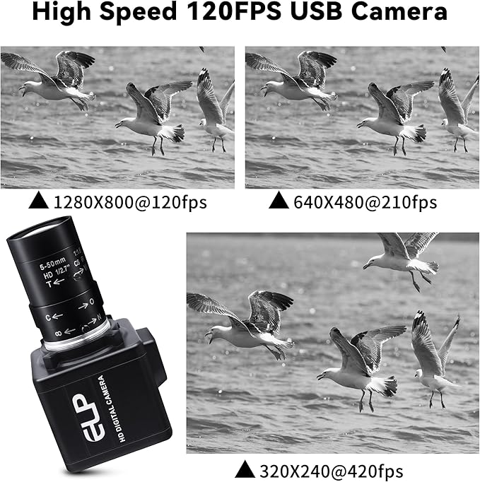 Global Shutter USB Camera – 800P Monochrome Ultra High Speed 640fps Camera [120/210/420fps Modes] – Manual Focus 5-50mm CS Lens – Compatible with Raspberry Pi Linux Mac &amp Windows