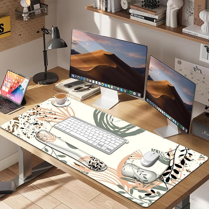 Large Mouse Pad with Wrist Support 4 in1 Set XXL Big Game Mousepad + Keyboard Wrist Rest+Mouse Wrist Rest+Coaster Ergonomic Gaming Mat for Home Office Table Computer I Modern Boho Leaves