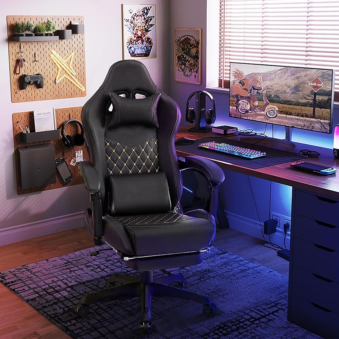 Giantex Gaming Chair High Back Video Game Chair with Footrest Headrest &amp Lumbar Support Ergonomic Computer Chair w/Rocking Function Height Adjustable Swivel Task Chair Black