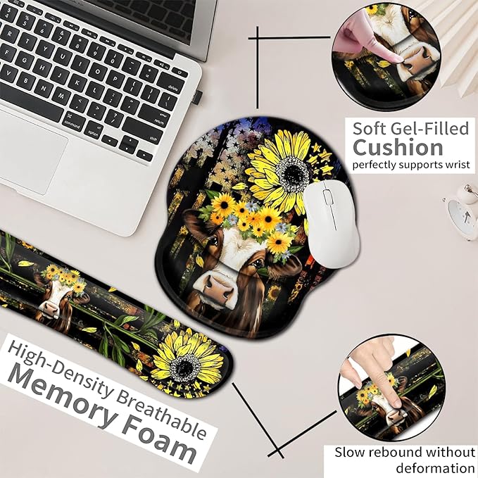 Ergonomic Mouse Pad with Gel Wrist Rest Support Suitable for Office Typing Games Mouse PadSoft Non-Slip Relieves Wrist Fatigue Beautiful Sunflower and Cute Cow Pattern Design Desktop Decoration