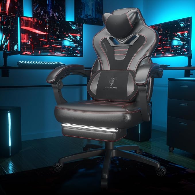 Dowinx Gaming Chair with Footrest Game Chair for Heavy People Gamer Chair for Adult with Massage Computer Gaming Chair with PU PC Game Chairs for 200lbs (Black)