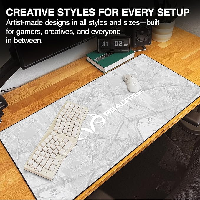 MPCO. Real Tree Large Gaming Desk Pad - 36 x 17 Duraglyde Fabric Edge Snow White – with Logo Desk Mats - Non-Slip Washable Smooth Glide for Precision Gaming &amp Work