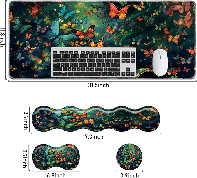 Keyboard Mouse Pad SetLarge Mouse Pad+Keyboard Wrist Rest+Wrist Support+Coaster31.5x11.8in Extended Desk Mat for Computer Laptop Office Home - Cute Butterfly