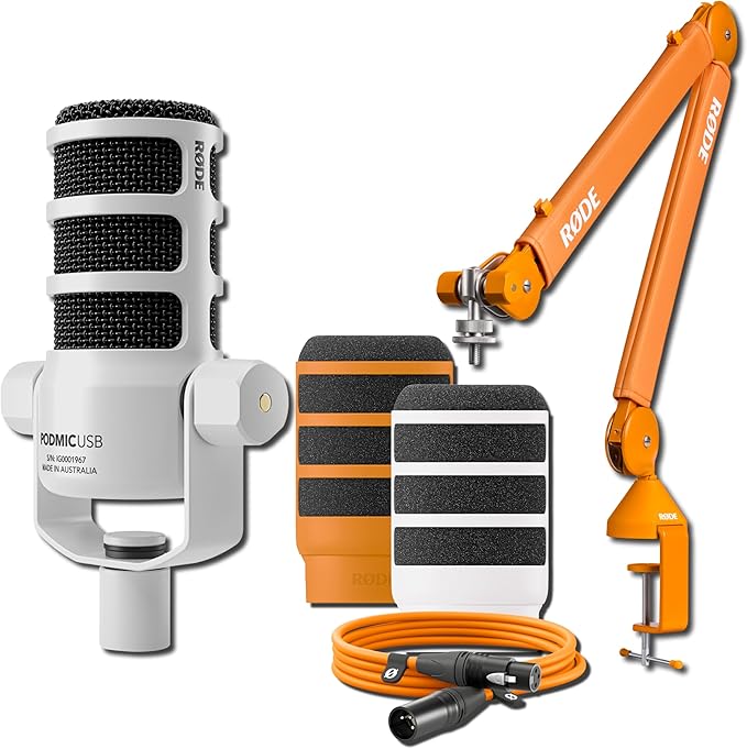 Rode PodMic USB Dynamic Broadcast Microphone (White) with PSA1+ Microphone Boom Arm WS14 Pop Filter and Premium XLR Cable (Orange)