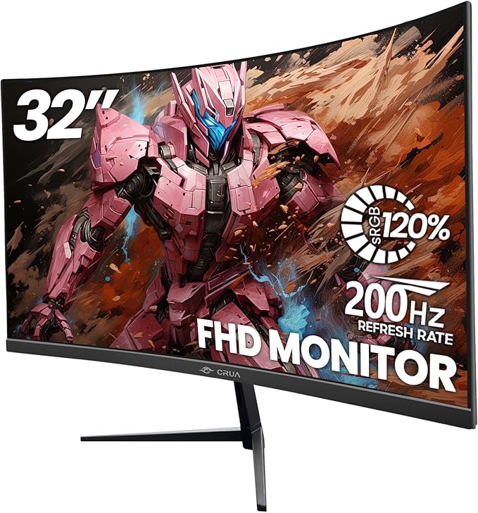 CRUA 32Inch Curved Gaming Monitor FHD(1920 * 1080P) VA Screen 165Hz/200Hz 1800R VA Screen 120% sRGB Computer Monitor that Support AMD Freesync HDMI DP Wall Mountable Installs-Black
