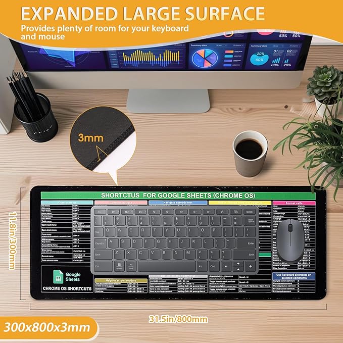 Mouse Pad with Shortcuts for Google Sheets Cheat Sheet Mousepad - Chrome OSLarge Size XL Gaming Pad for Mouse and Keyboard High Definition Printing StitchingWashable Anti Slip