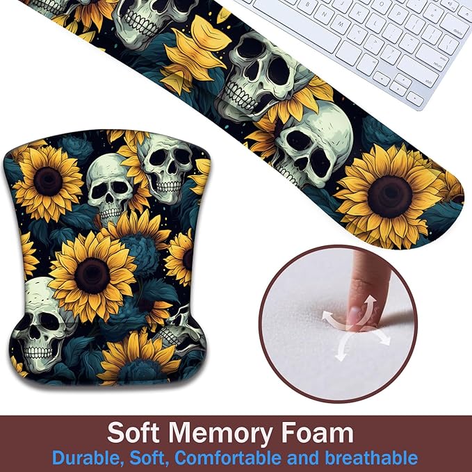 Keyboard Wrist Rest and Mouse Pad Wrist Support with Lace-Shaped Coaster Set Ergonomic Gel Memory Foam and Anti-Slip Base Easy Typing and Pain Relief - Skull Sunflower