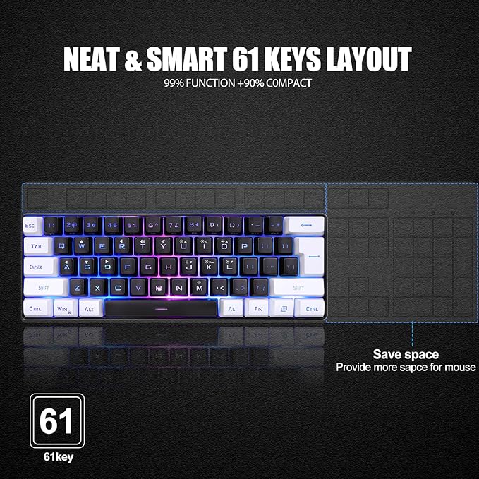60% Wired Gaming Keyboard Mechanical Feeling Mini Gaming Keyboard RGB Backlit 61 Key Ultra Compact Keyboard Ergonomic Keyboard for Laptop PC (Black)