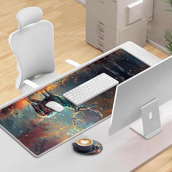 3-in-1 Large Mouse Pad Gaming Set (31.5 x 11.8 inch)+ Wrist Rest Pad + Coaster Memory Foam Gel Wrist Rest Pad for Pain Relief Stitched Edges Non-Slip Table Mat Painted Deer